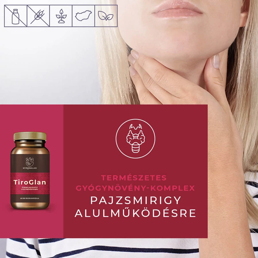 Myrobalan TiroGlan pajzsmirigy-alulműködés elleni gyógynövény-komplex 60 db vegán kapszula 100% gyógynövény-őrleménnyel