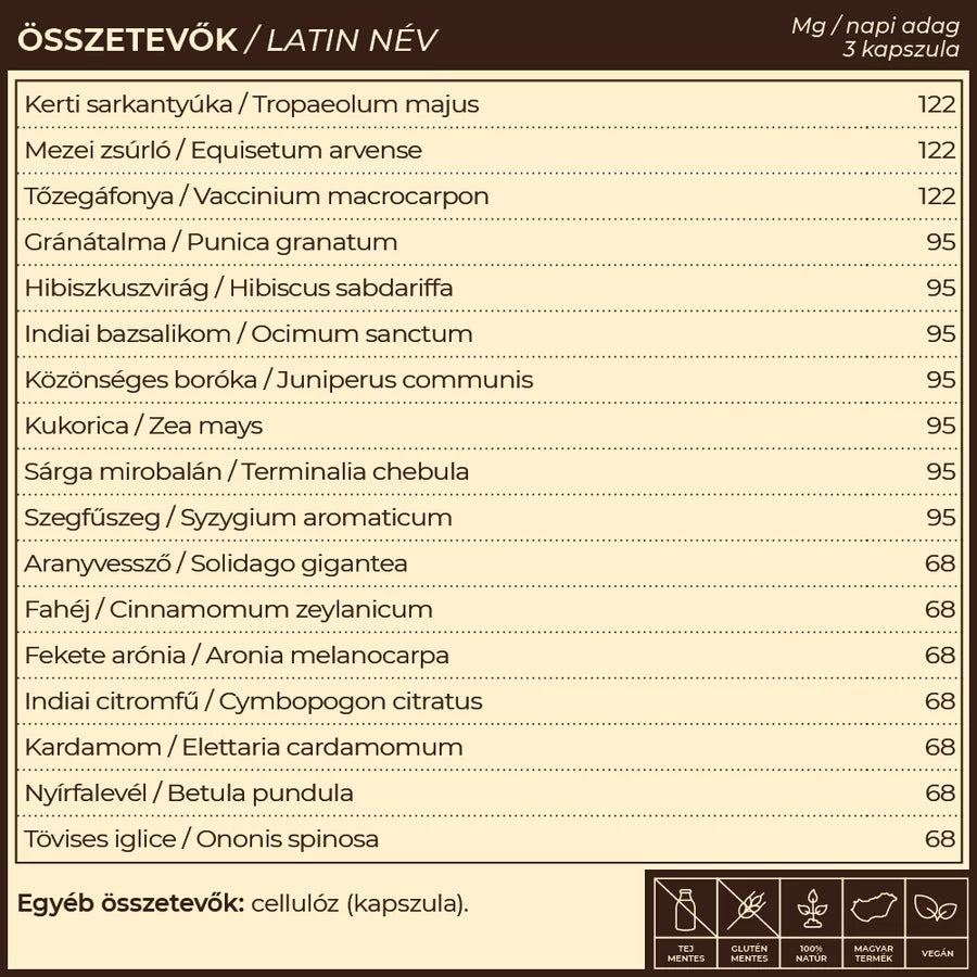 Myrobalan UriDag hólyaghurut és húgyúti fertőzések elleni gyógynövény-komplex 60 db vegán kapszula 100% gyógynövényőrleménnyel